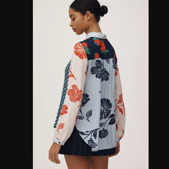 Plus 3X Maeve x Anthropologie Paz contrast button down shirt blouse red blue 4 - Picture 3 of 10